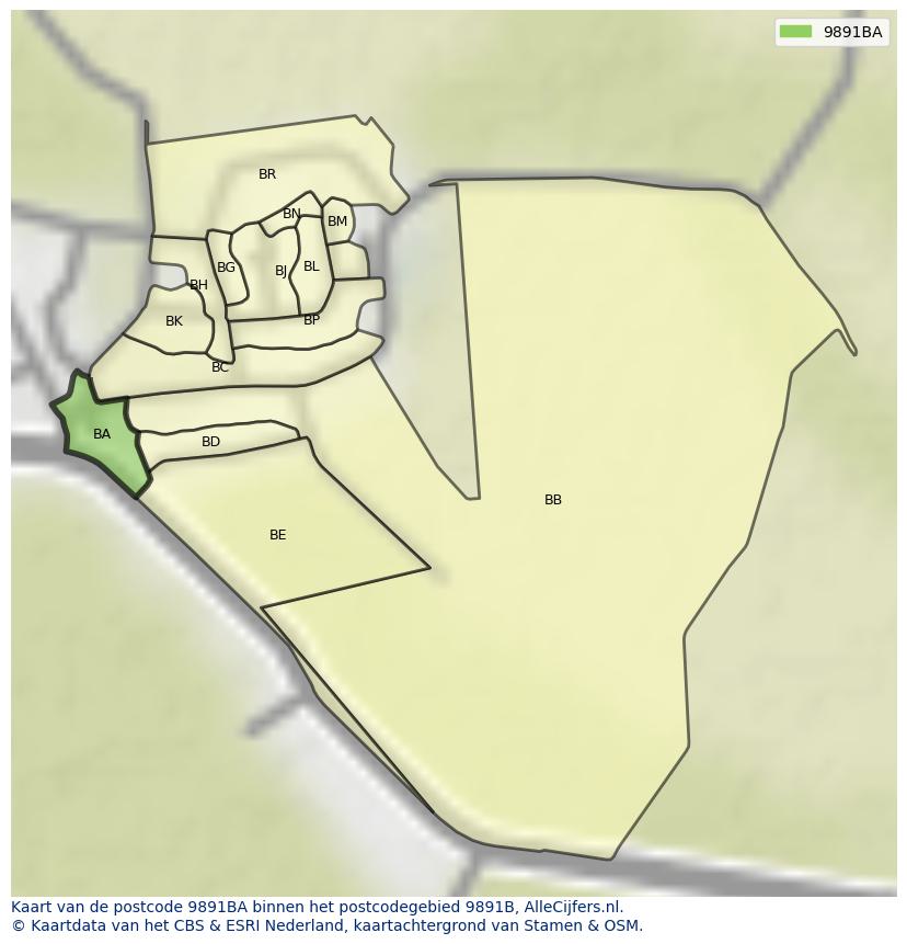Afbeelding van het postcodegebied 9891 BA op de kaart.