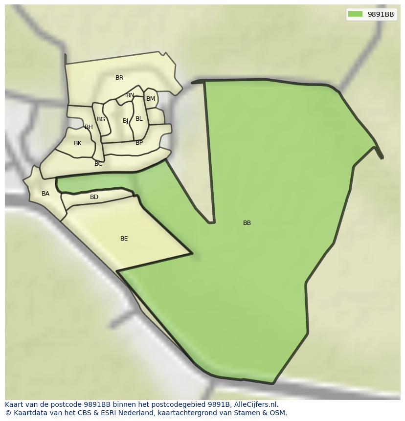 Afbeelding van het postcodegebied 9891 BB op de kaart.