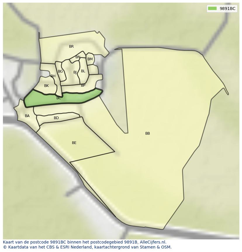 Afbeelding van het postcodegebied 9891 BC op de kaart.