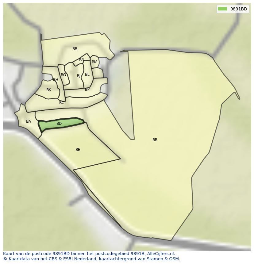 Afbeelding van het postcodegebied 9891 BD op de kaart.