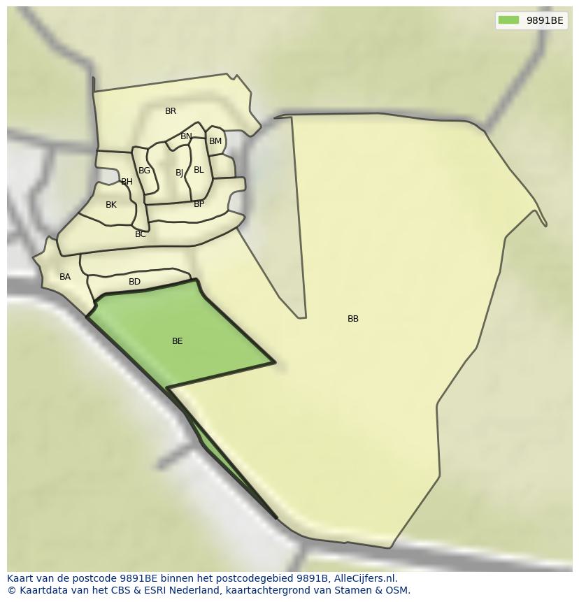 Afbeelding van het postcodegebied 9891 BE op de kaart.