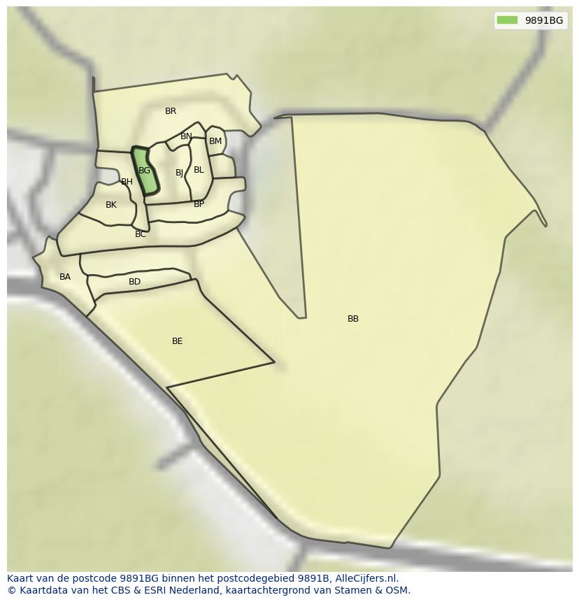 Afbeelding van het postcodegebied 9891 BG op de kaart.