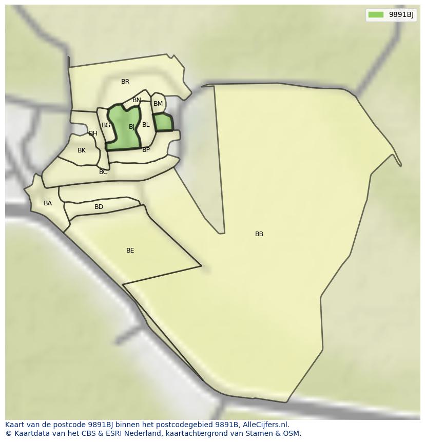 Afbeelding van het postcodegebied 9891 BJ op de kaart.