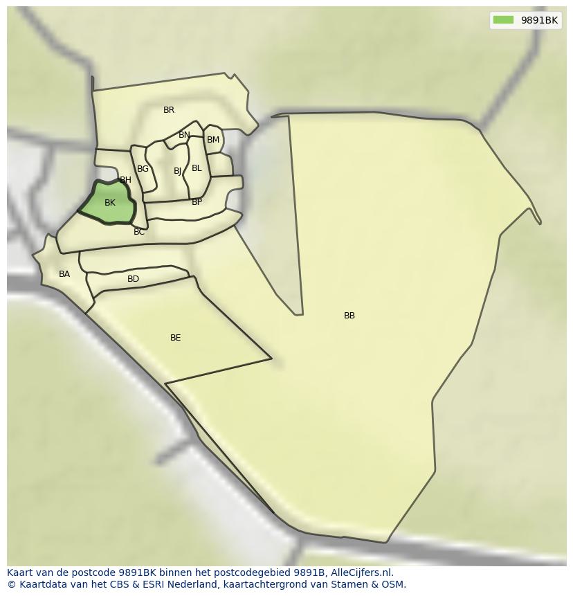 Afbeelding van het postcodegebied 9891 BK op de kaart.