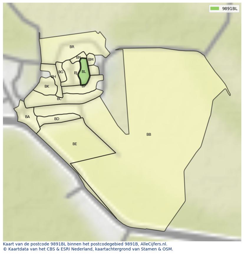 Afbeelding van het postcodegebied 9891 BL op de kaart.