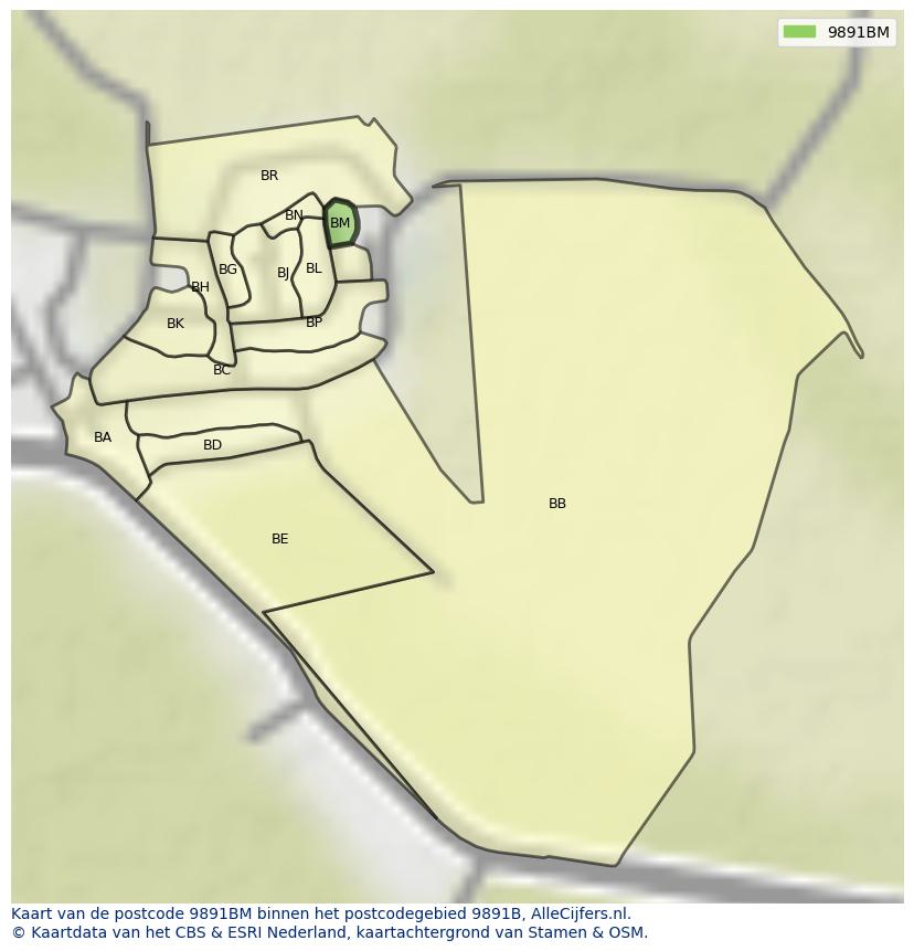 Afbeelding van het postcodegebied 9891 BM op de kaart.