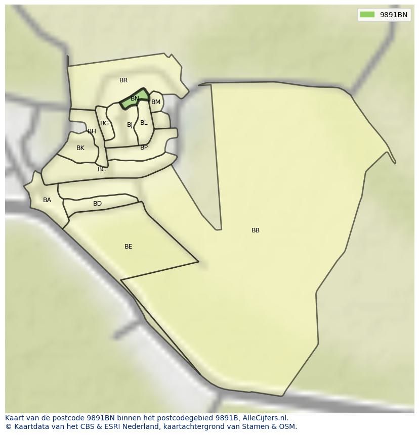 Afbeelding van het postcodegebied 9891 BN op de kaart.