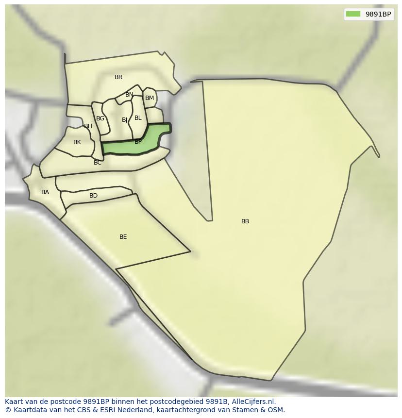 Afbeelding van het postcodegebied 9891 BP op de kaart.