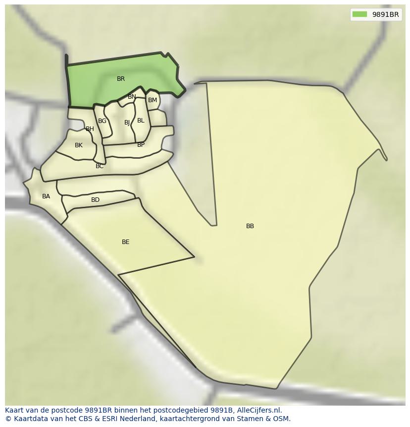 Afbeelding van het postcodegebied 9891 BR op de kaart.