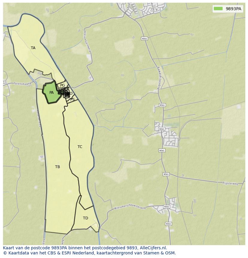 Afbeelding van het postcodegebied 9893 PA op de kaart.