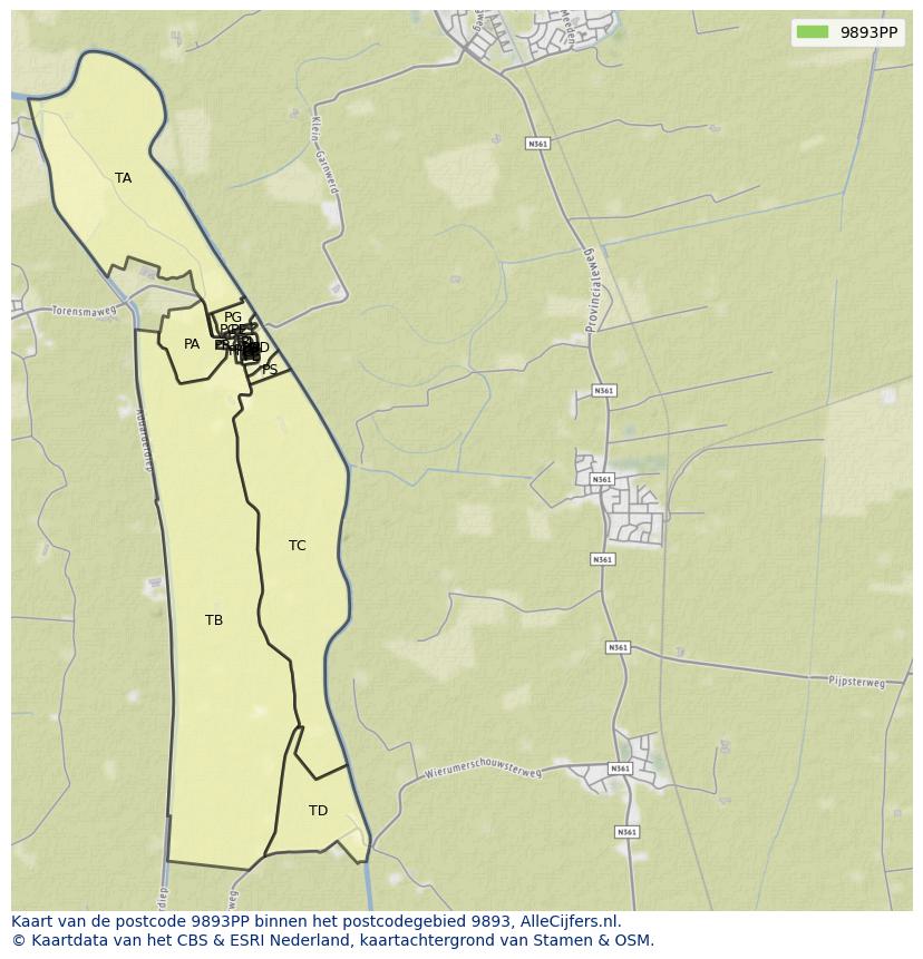 Afbeelding van het postcodegebied 9893 PP op de kaart.