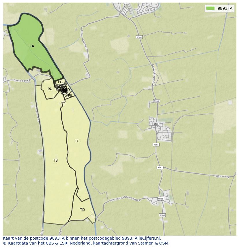 Afbeelding van het postcodegebied 9893 TA op de kaart.