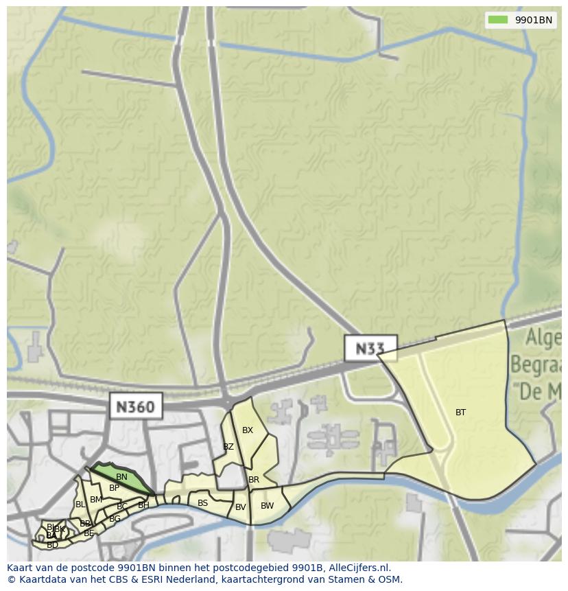 Afbeelding van het postcodegebied 9901 BN op de kaart.