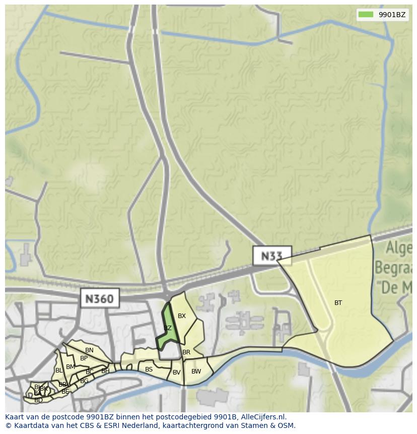 Afbeelding van het postcodegebied 9901 BZ op de kaart.