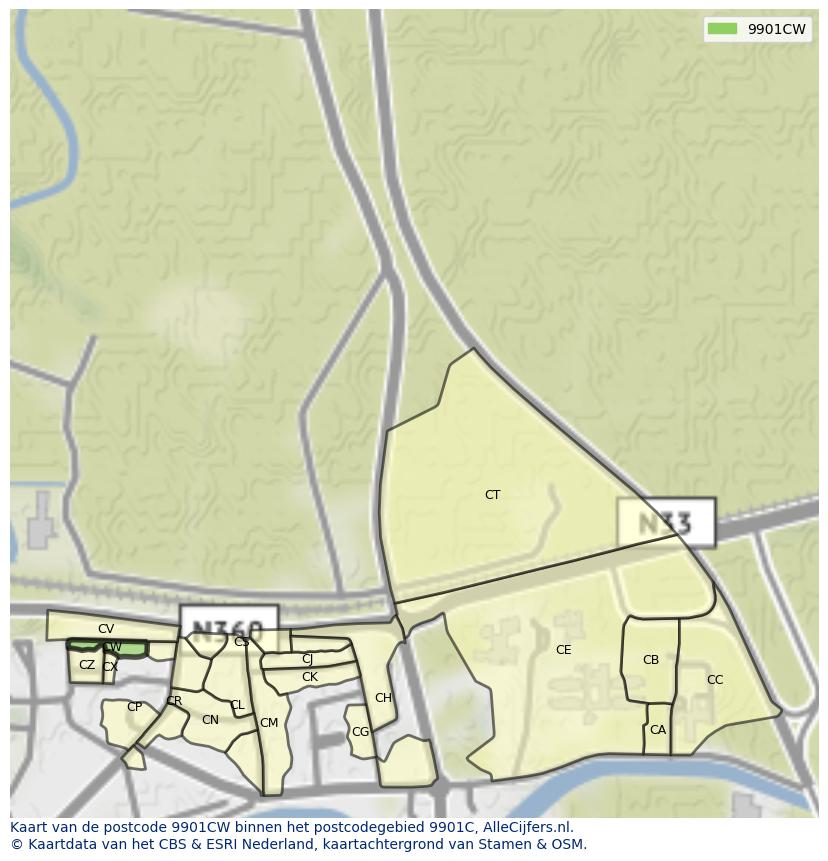 Afbeelding van het postcodegebied 9901 CW op de kaart.