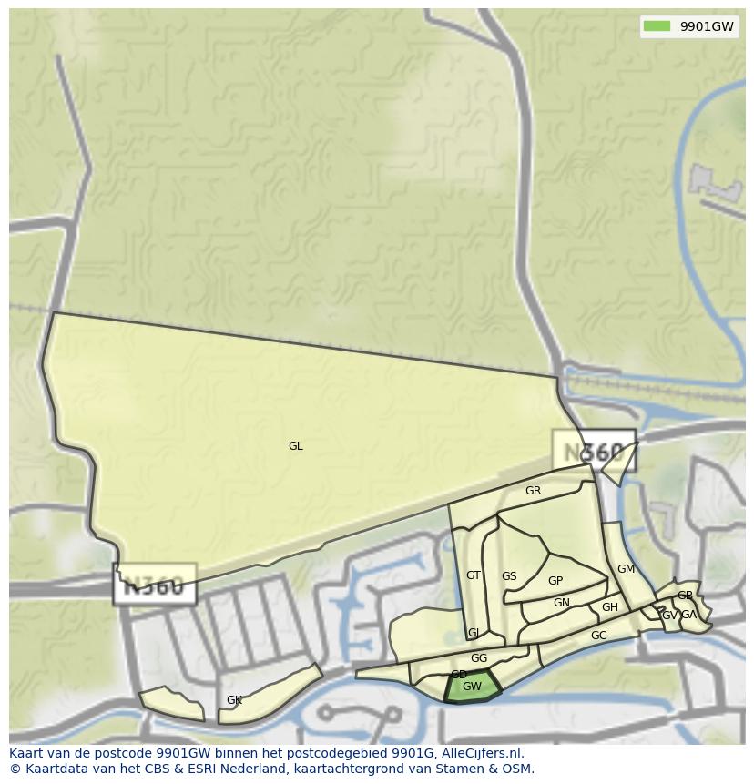 Afbeelding van het postcodegebied 9901 GW op de kaart.