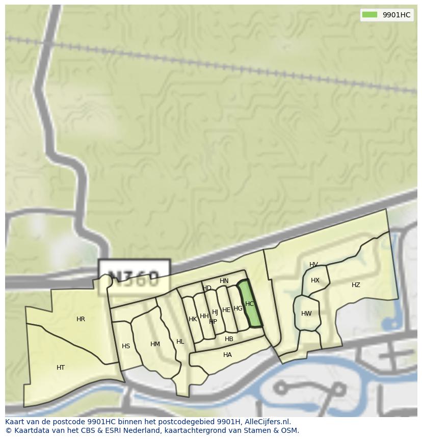 Afbeelding van het postcodegebied 9901 HC op de kaart.