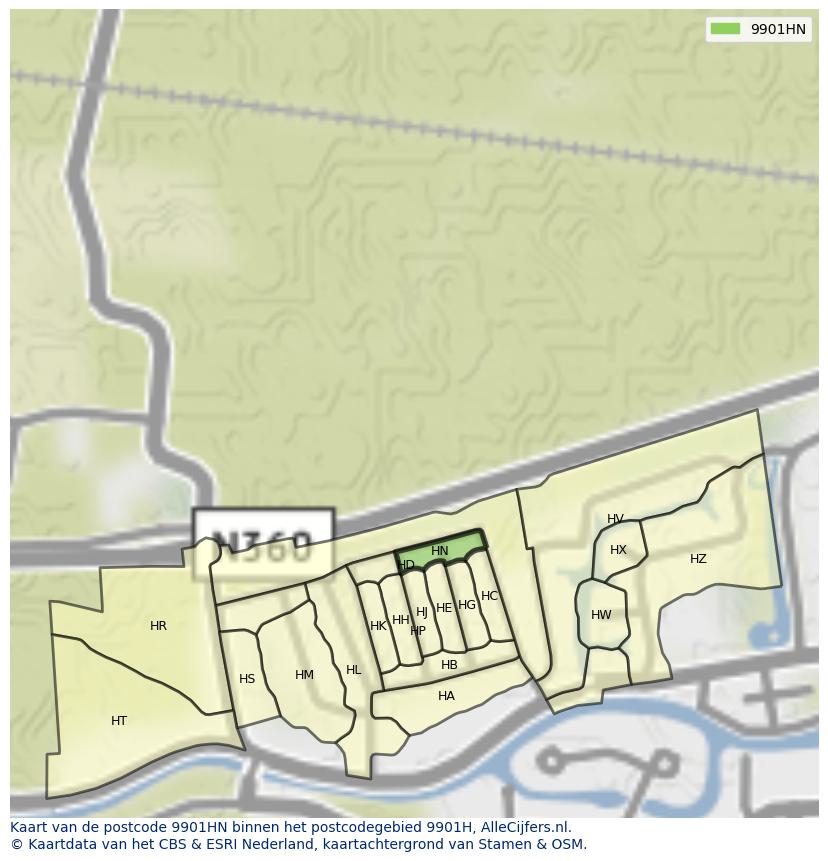 Afbeelding van het postcodegebied 9901 HN op de kaart.