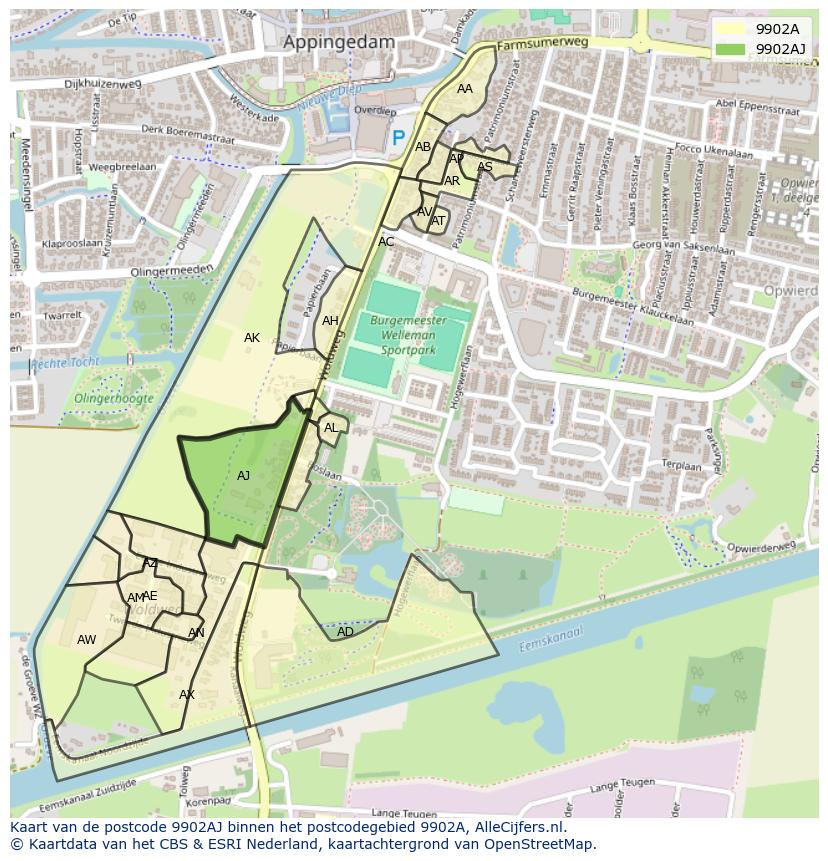Afbeelding van het postcodegebied 9902 AJ op de kaart.