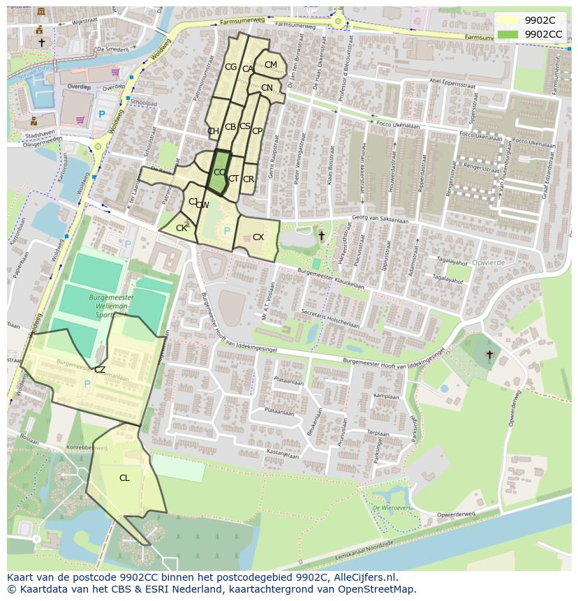 Afbeelding van het postcodegebied 9902 CC op de kaart.