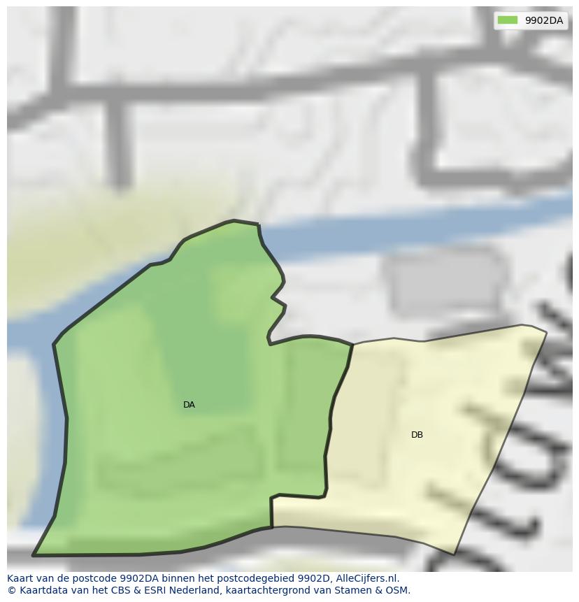 Afbeelding van het postcodegebied 9902 DA op de kaart.