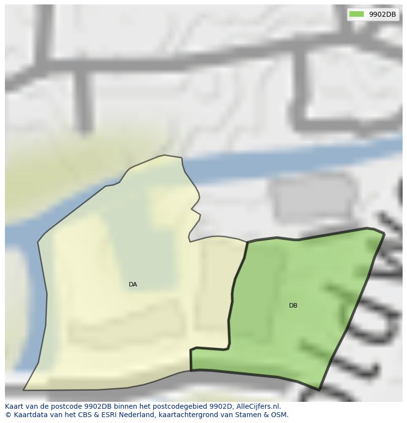 Afbeelding van het postcodegebied 9902 DB op de kaart.