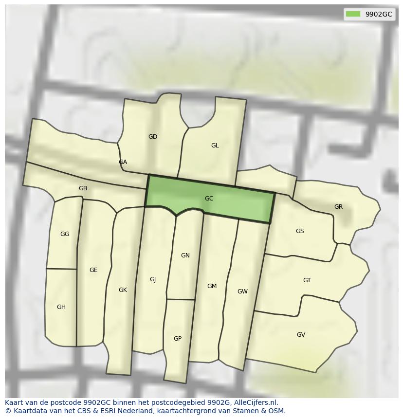 Afbeelding van het postcodegebied 9902 GC op de kaart.
