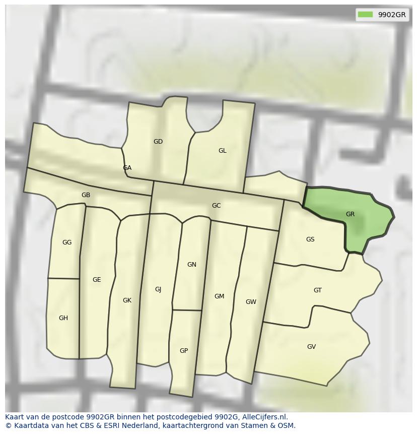 Afbeelding van het postcodegebied 9902 GR op de kaart.