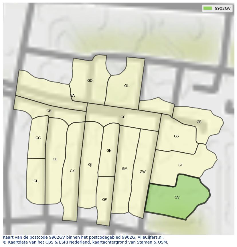 Afbeelding van het postcodegebied 9902 GV op de kaart.