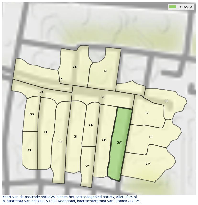 Afbeelding van het postcodegebied 9902 GW op de kaart.