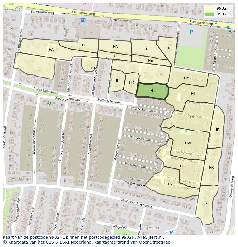 Afbeelding van het postcodegebied 9902 HL op de kaart.