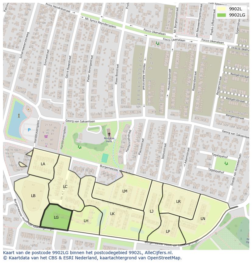 Afbeelding van het postcodegebied 9902 LG op de kaart.