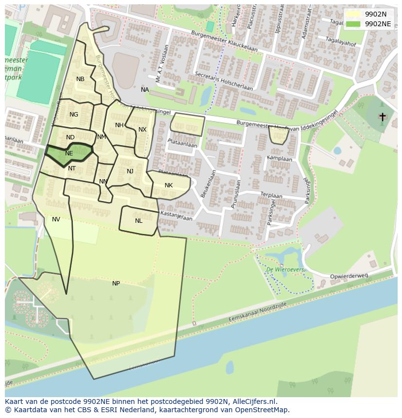Afbeelding van het postcodegebied 9902 NE op de kaart.