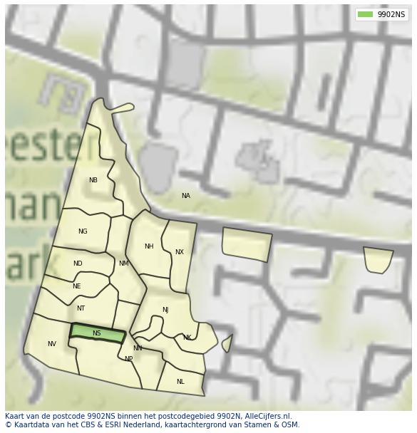 Afbeelding van het postcodegebied 9902 NS op de kaart.