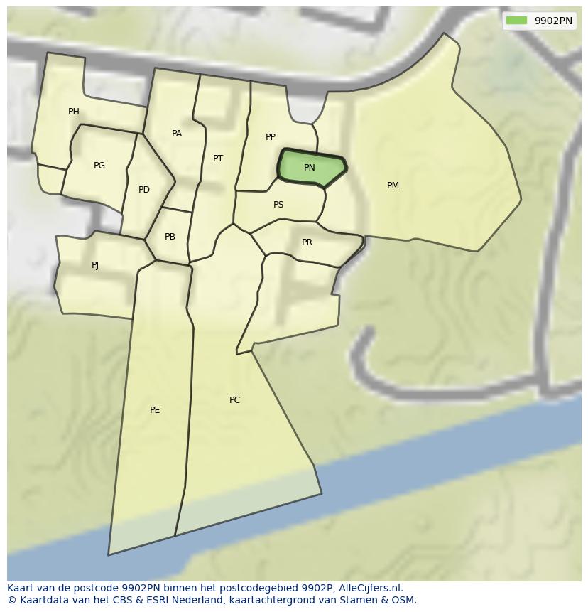 Afbeelding van het postcodegebied 9902 PN op de kaart.