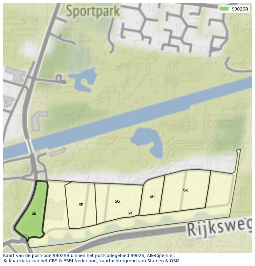 Afbeelding van het postcodegebied 9902 SB op de kaart.