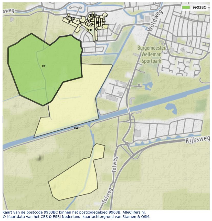 Afbeelding van het postcodegebied 9903 BC op de kaart.