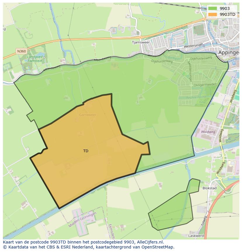 Afbeelding van het postcodegebied 9903 TD op de kaart.