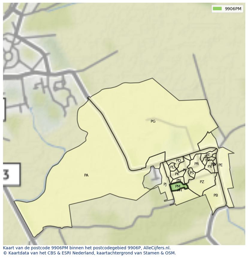 Afbeelding van het postcodegebied 9906 PM op de kaart.