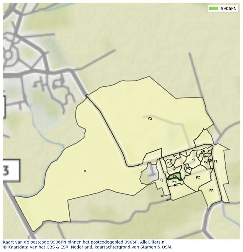 Afbeelding van het postcodegebied 9906 PN op de kaart.