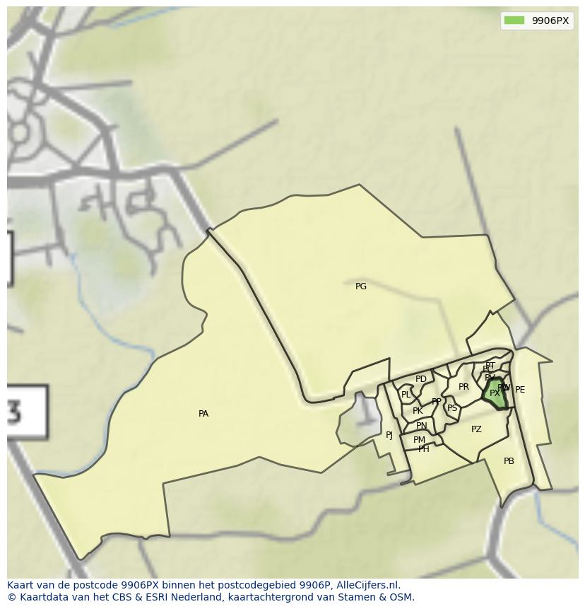 Afbeelding van het postcodegebied 9906 PX op de kaart.