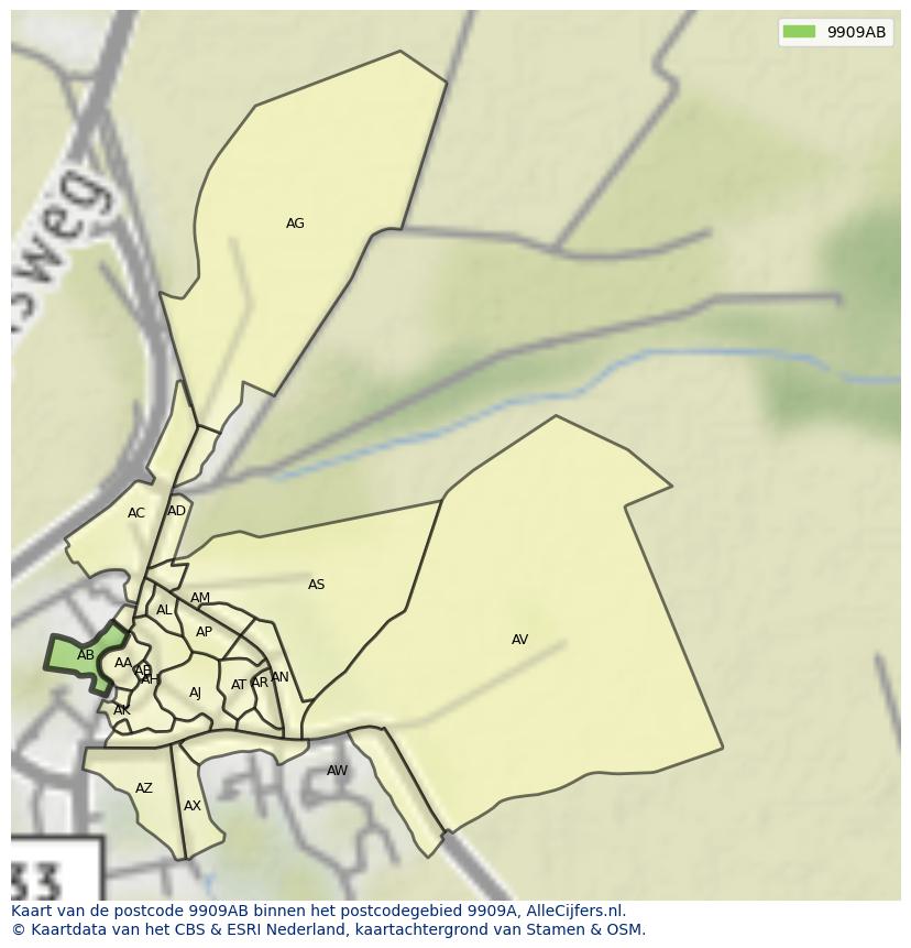 Afbeelding van het postcodegebied 9909 AB op de kaart.