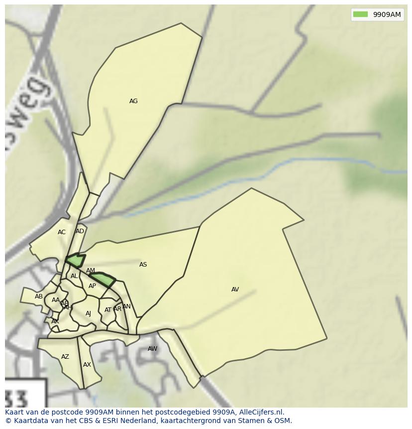 Afbeelding van het postcodegebied 9909 AM op de kaart.