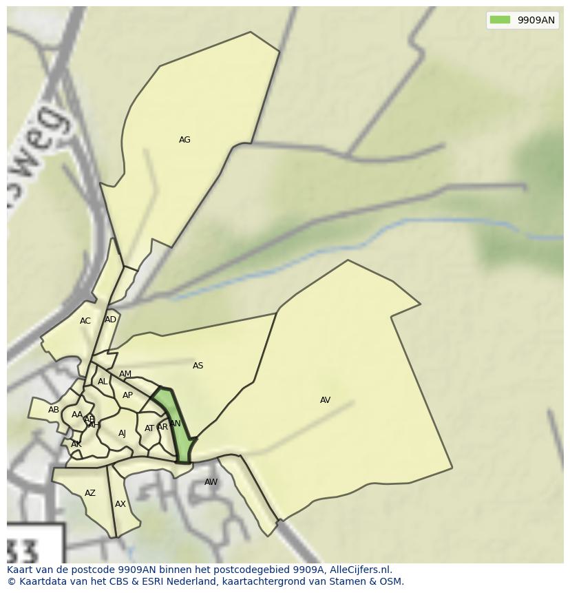 Afbeelding van het postcodegebied 9909 AN op de kaart.