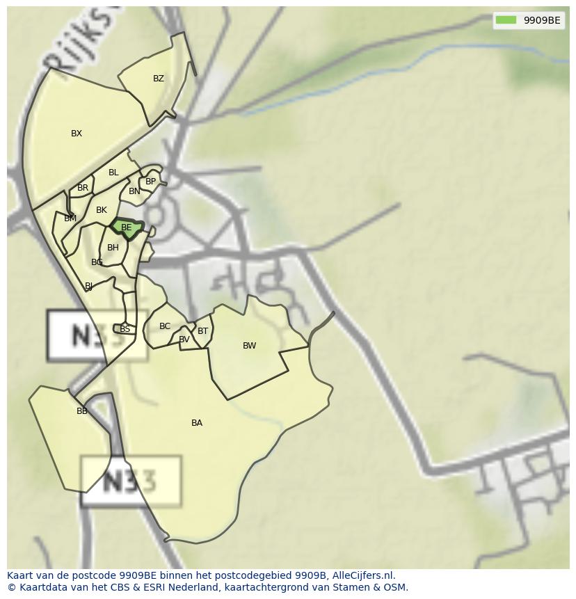 Afbeelding van het postcodegebied 9909 BE op de kaart.