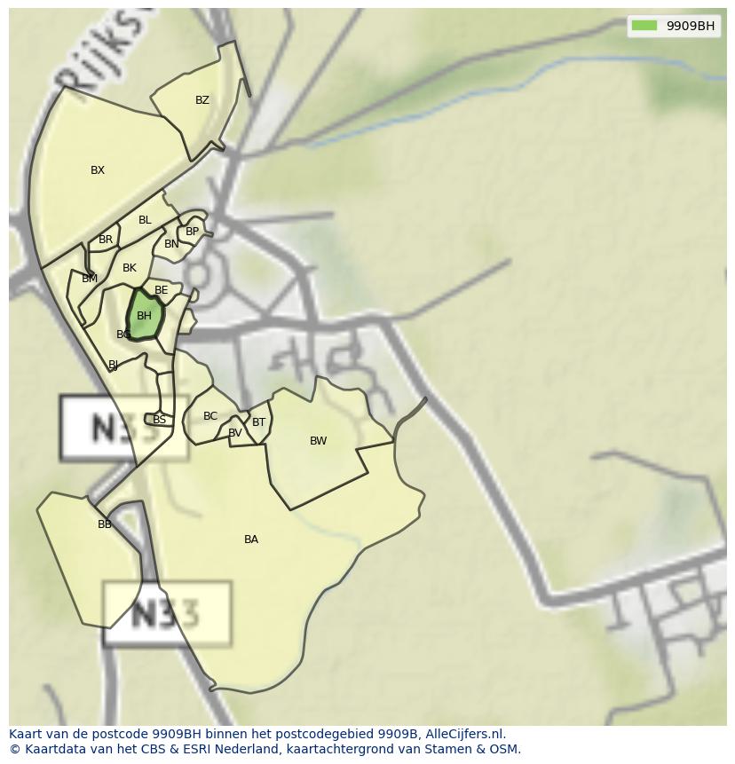 Afbeelding van het postcodegebied 9909 BH op de kaart.