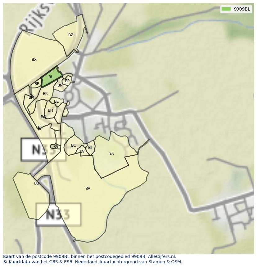 Afbeelding van het postcodegebied 9909 BL op de kaart.