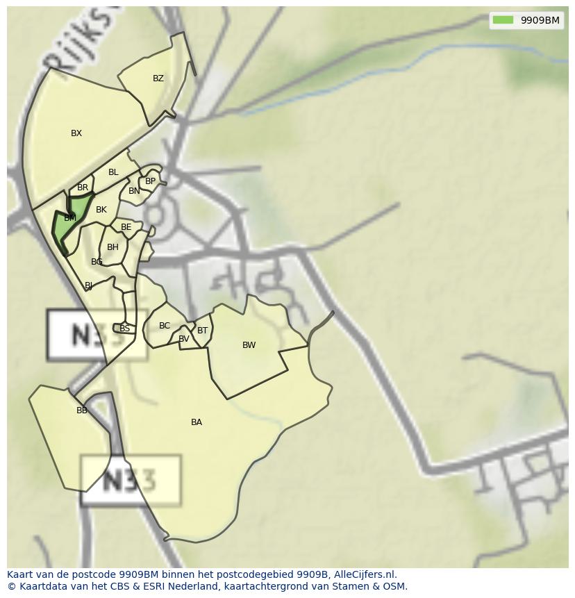 Afbeelding van het postcodegebied 9909 BM op de kaart.