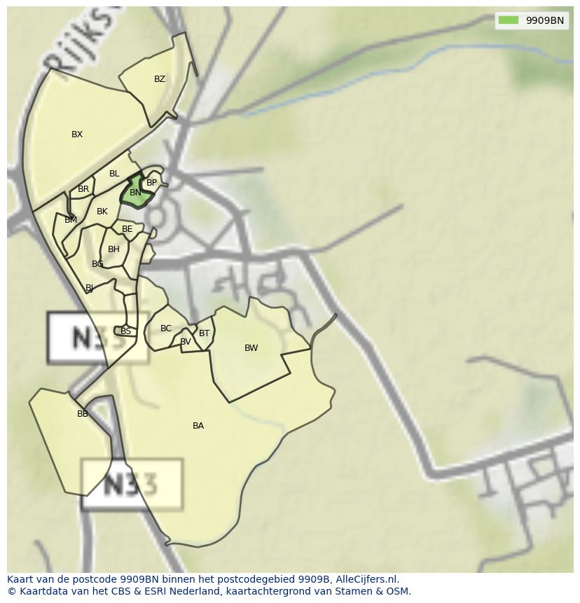 Afbeelding van het postcodegebied 9909 BN op de kaart.