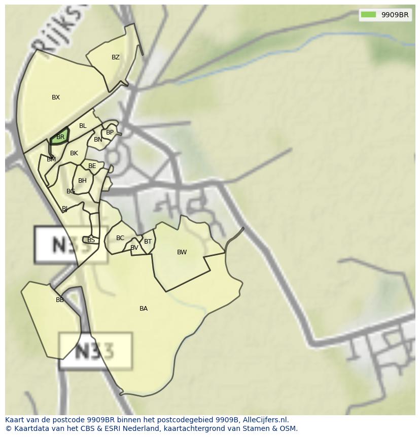 Afbeelding van het postcodegebied 9909 BR op de kaart.